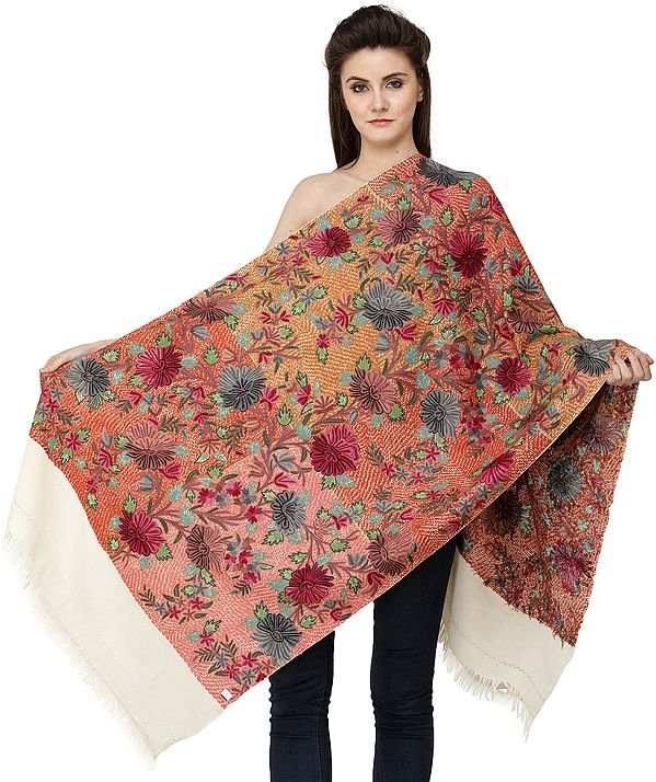 Banana-Cream Stole from Kashmir with Heavy Aari Hand-Embroidered Multicolor Flowers