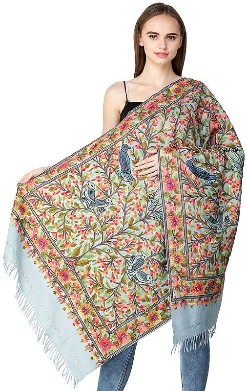 Dusk-Blue Stole from Kashmir with Aari Hand-Embroidered Flowers and Birds