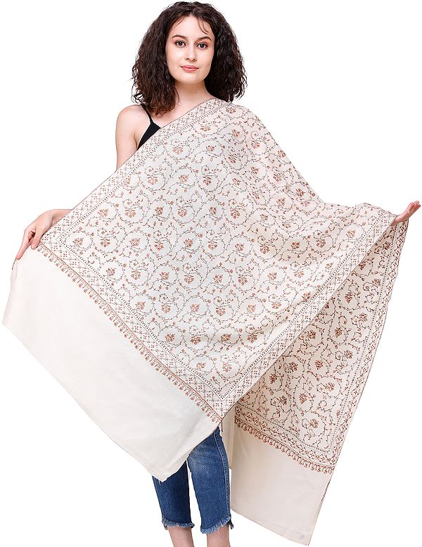 Pashmina Stole from Kashmir with Aari-Embroidered Flower Vines All-Over