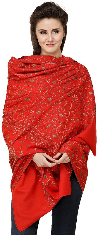 Bittersweet-Red Tusha Shawl from Kashmir with Sozni-Embroidered Flower Vines  and Paisleys
