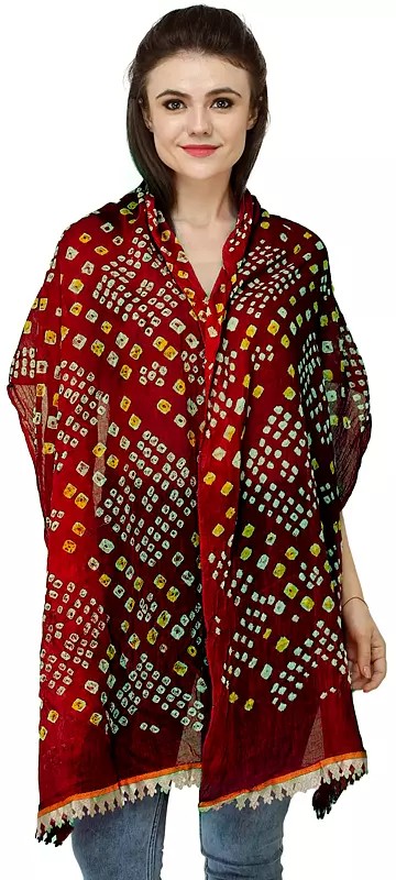 Tie-Dye Bandhani Scarf from Gujarat with Golden Patch Border