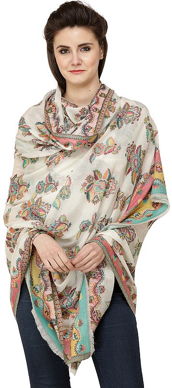 Banana-Cream Kani Shawl with Woven Border and Roses in Multicolor Thread