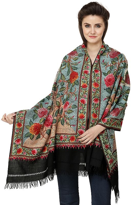 Phantom-Black Stole from Kashmir with Heavy Aari Hand-Embroidery All-Over