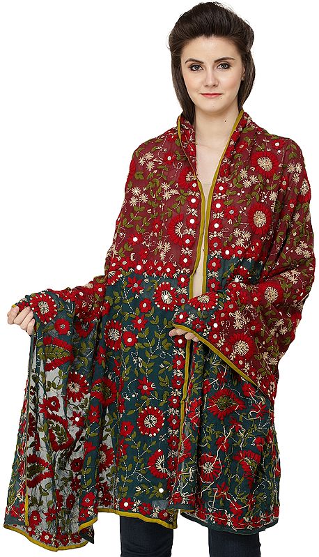Double-Shaded Phulkari Dupatta from Punjab with Crewel Embroidery and Sequins