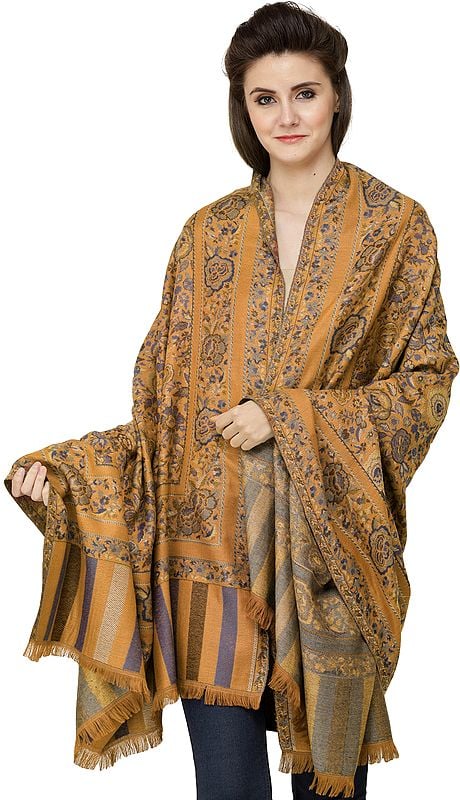 Jamawar Shawl with Woven Flowers in Multi-coloured Thread