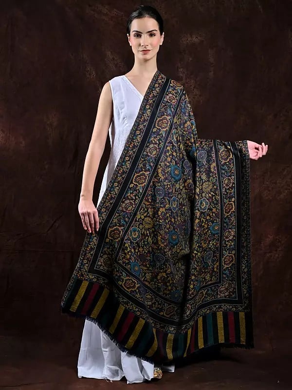 Jamawar Shawl with Woven Flowers in Multi-coloured Thread