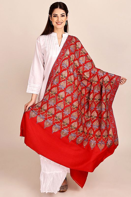 Superfine True-Red Pure Pashmina Shawl from Kashmir with Sozni-Embroidery by Hand