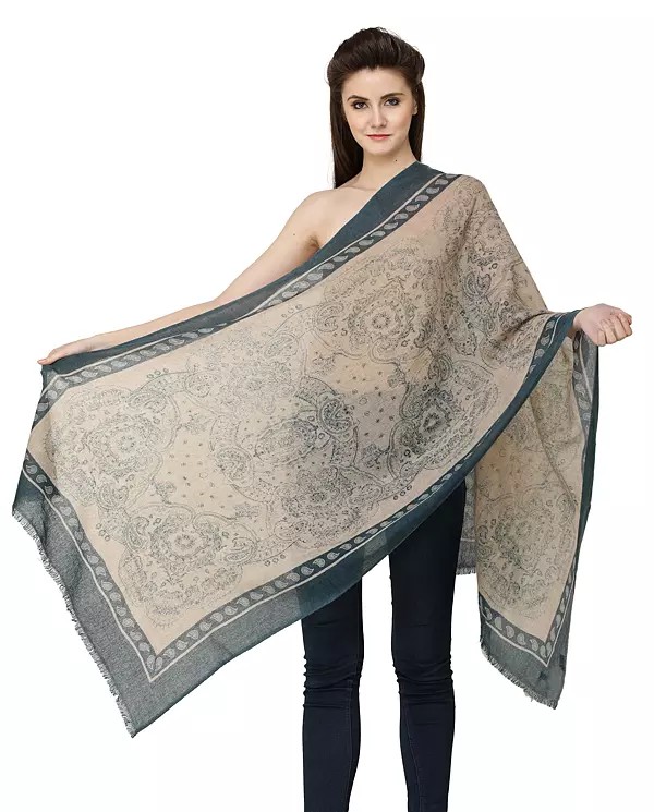Tan Pure Wool Digital Printed Stole from Nepal