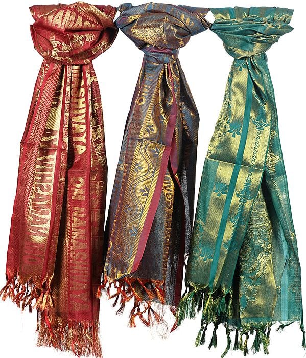 Lot of Three Brocaded Prayer Shawls with Golden Thread Weave All-Over