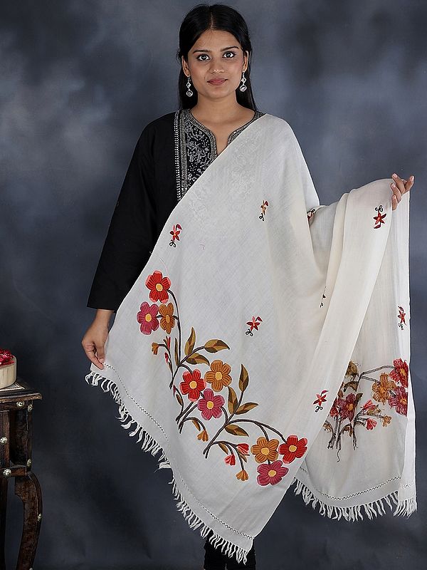 Floral Stole from Kashmir with Aari Embroidery by Hand
