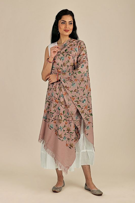Kashmiri Stole with Aari Embroidered Flowers by Hand