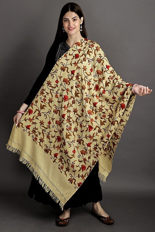 Kashmiri Stole with Aari Embroidered Flowers by Hand