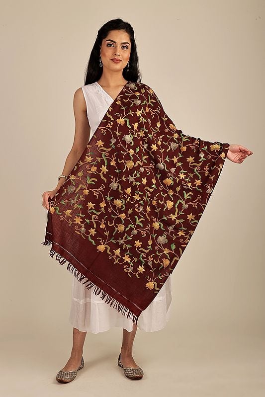 Kashmiri Stole with Aari Embroidered Flowers by Hand