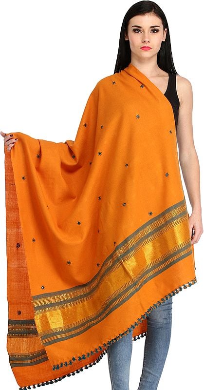 Shawl from Kutch with Embroidered Bootis and Golden Woven Border