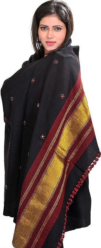 Shawl from Kutch with Embroidered Bootis and Golden Woven Border