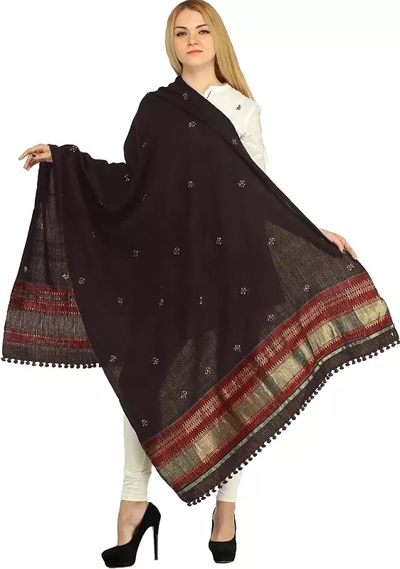 Shawl from Kutch with Embroidered Bootis and Golden Woven Border