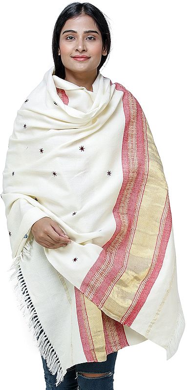 Shawl from Kutch with Embroidered Bootis and Golden Woven Border