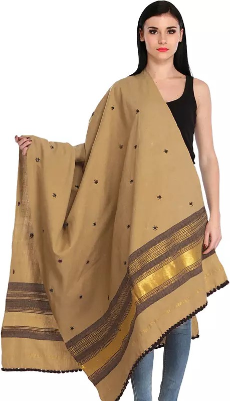 Shawl from Kutch with Embroidered Bootis and Golden Woven Border