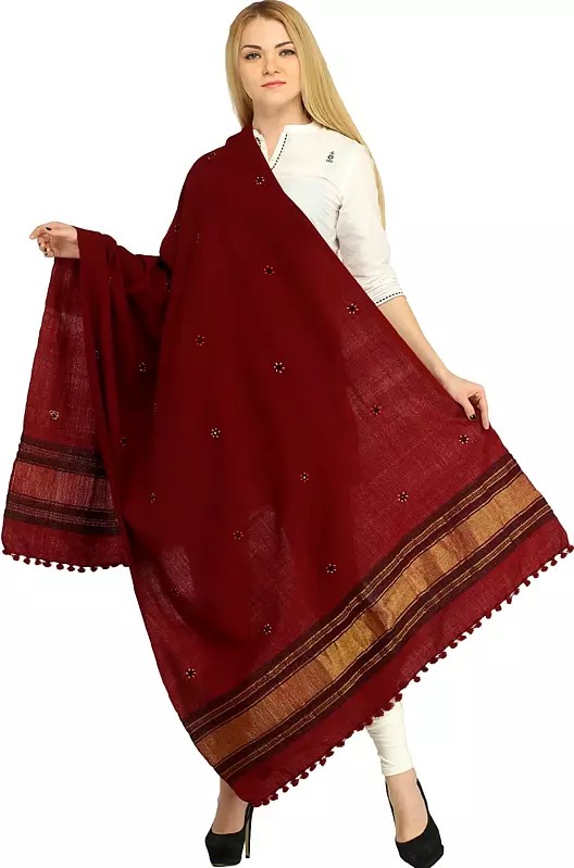 Shawl from Kutch with Embroidered Bootis and Golden Woven Border