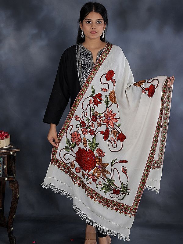 Stole from Kashmir with Hand Aari-Embroidered Large Flowers