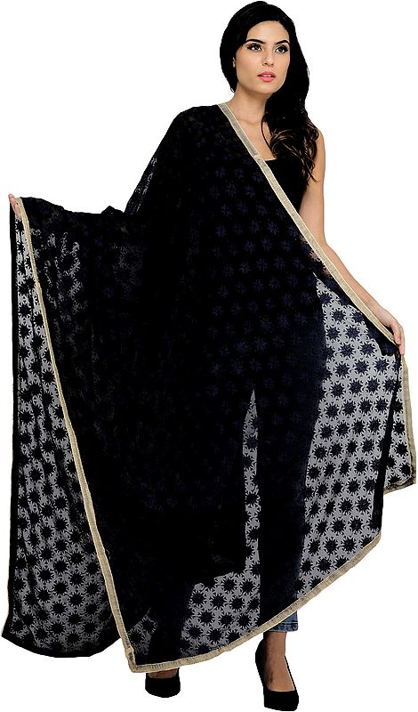Phulkari Extra-Wide Dupatta from Punjab with Embroidered Bootis in Self-color Thread
