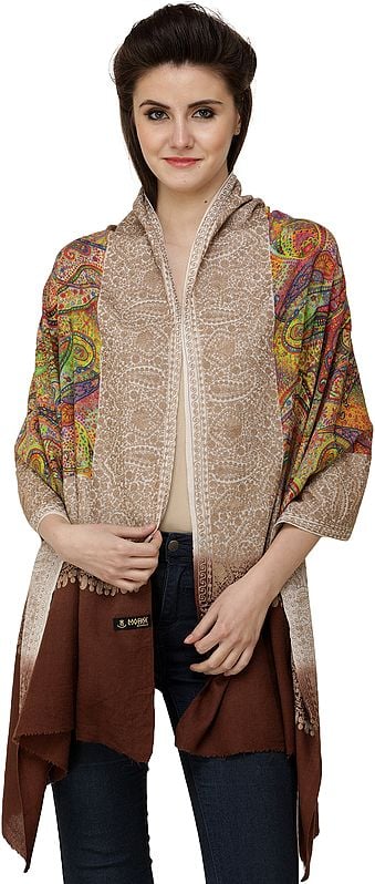 Carob-Brown Digital Printed Stole from Amritsar with Aari-Embroidered Border