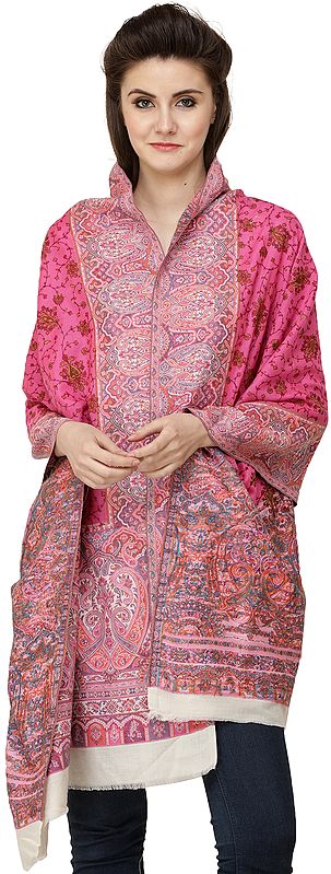 Carmine-Rose Kani Stole with Woven Paisleys and Sozni Embroidery by Hand