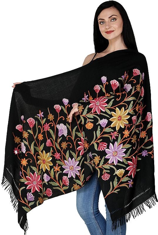 Caviar-Black Kashmiri Stole with Aari Hand-Embroidered Flowers in Multicolored Thread