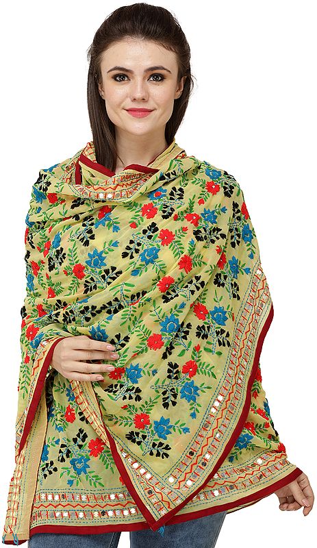 Canary-Yellow Phulkari Dupatta from Punjab with Crewel Embroidery and Sequins