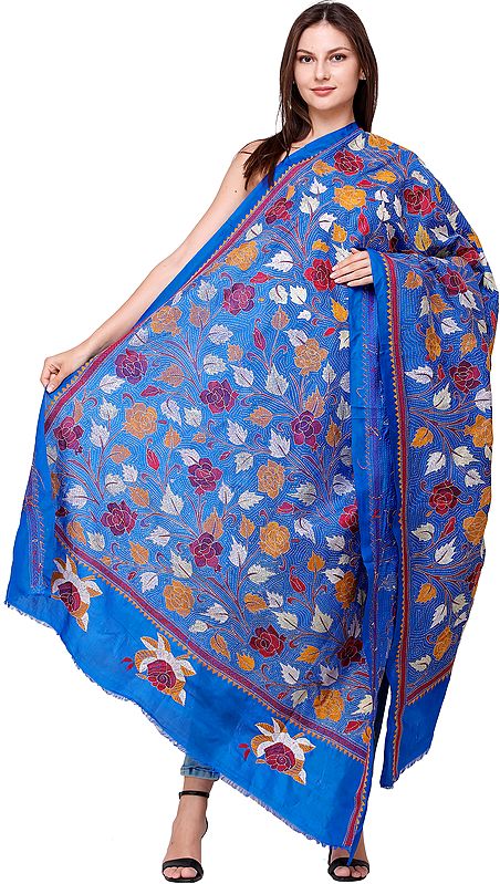 Turkish-Sea Dupatta from Bengal with Kantha Embroidered Roses All-Over