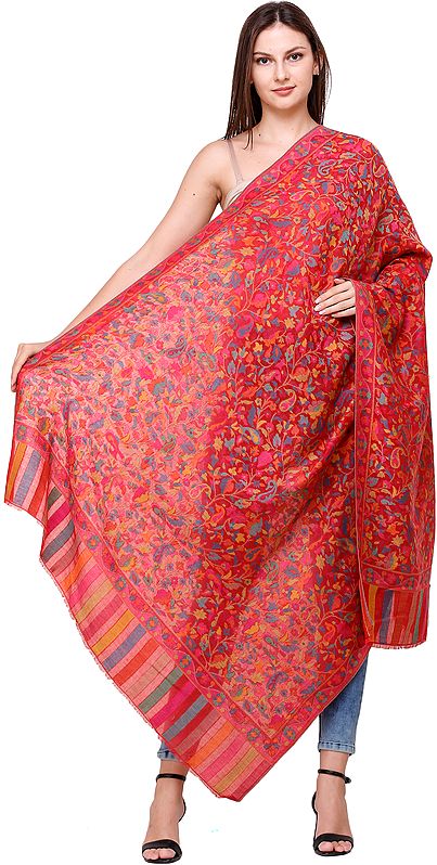Rococco-Red Kani Jamawar Shawl with Flowers Woven in Multi-Colored Thread