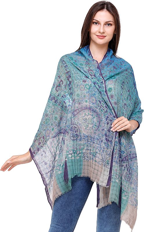 Lagoon Digital Printed Stole with Missing Checks in Weave