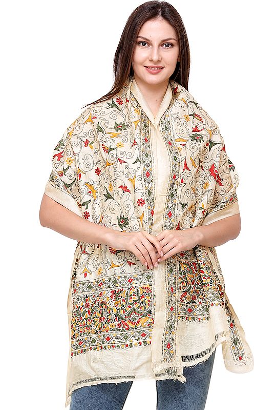 Powderpuff Tussar Stole from Bengal with Kantha Embroidered Florals All-Over