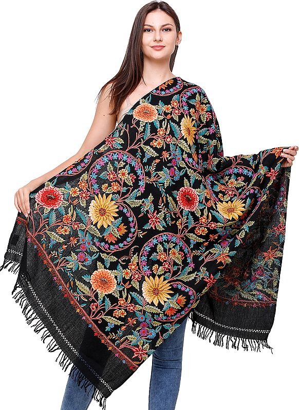Caviar Black Stole from Kashmir with Aari Hand-Embroidered Flowers All-Over