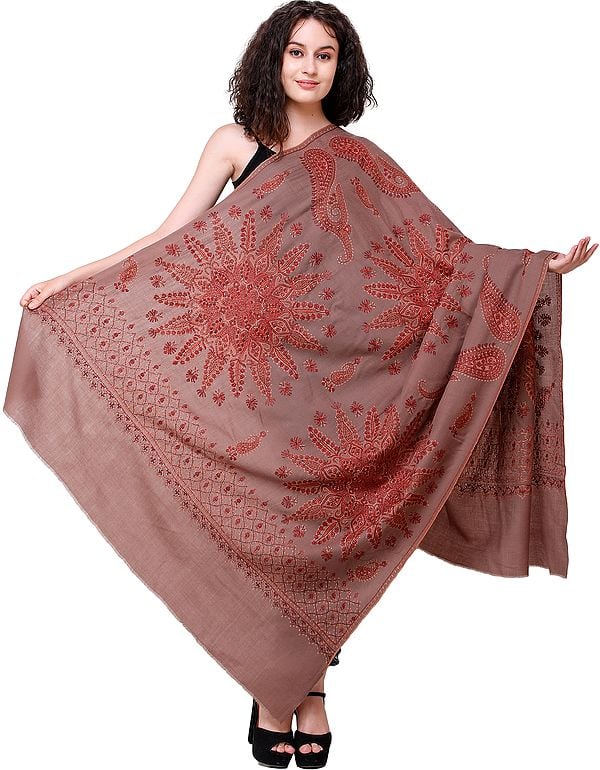 Pine-Bark Tusha Shawl from Kashmir with Needle-Embroidered Mandalas