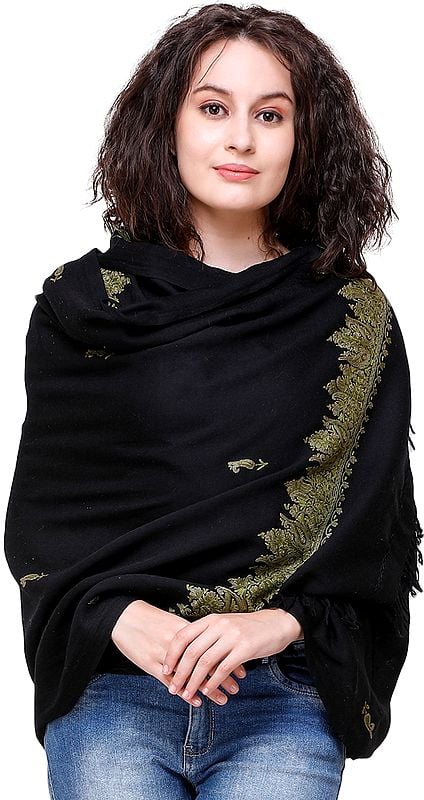 Plain Shawl from Kashmir with Hand Aari-Embroidery