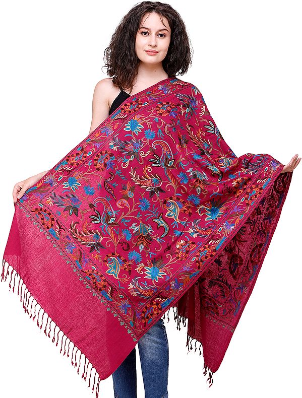 Boysenberry Stole from Amritsar with Multicolor Embroidered Flowers All-Over