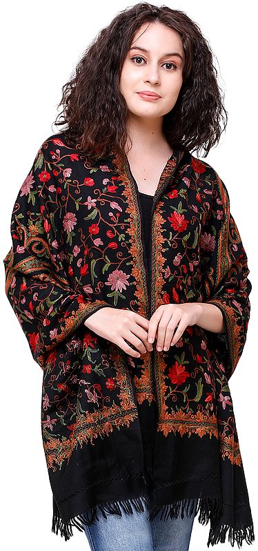 Jet-Black Stole from Kashmir with Aari-Embroidered Flowers by Hand