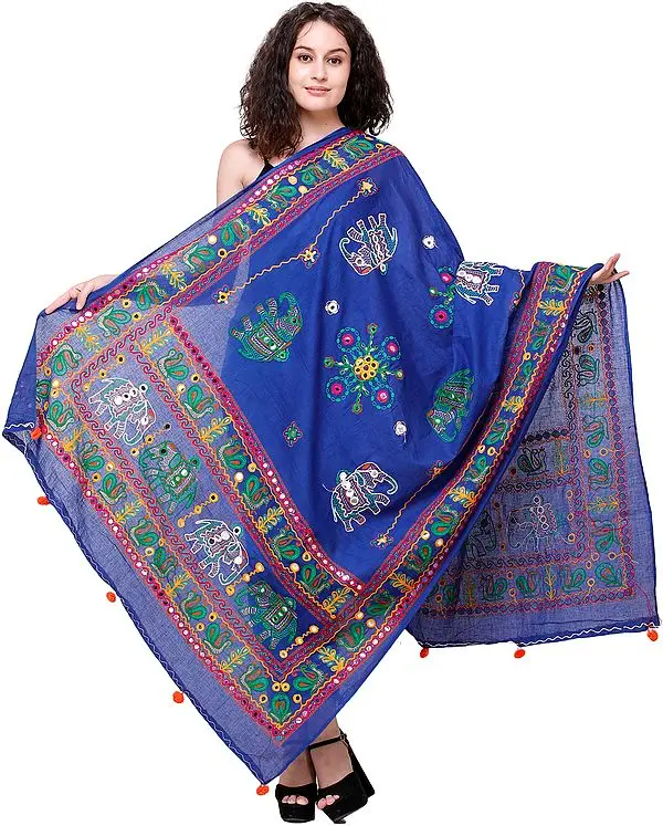 Printed Dupatta from Kutch with Hand-Embroidered Elephants and Mirrors