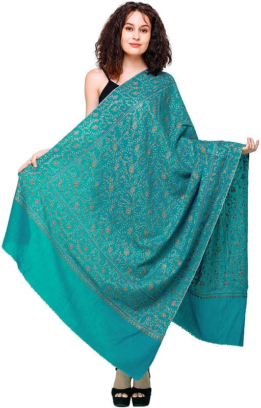 Viridian Green Tusha Shawl from Kashmir with Sozni Embroidered Floral Vines All-Over