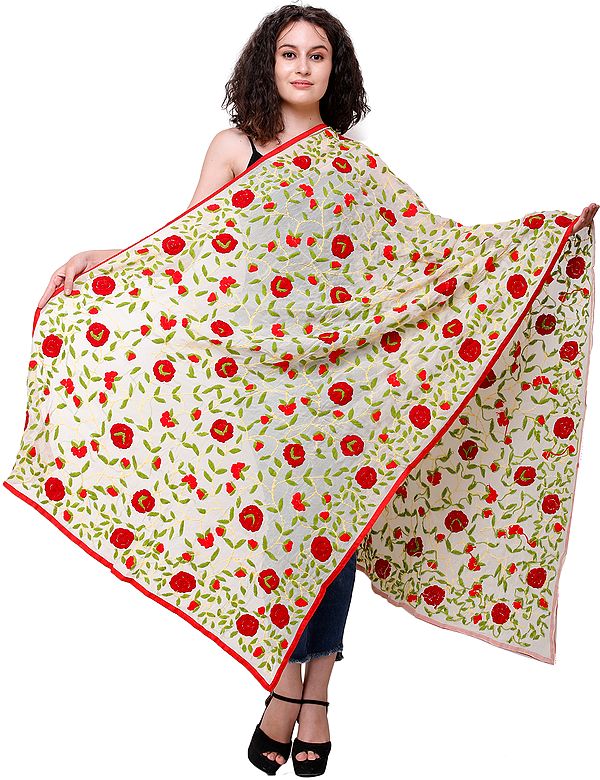 Phulkari Dupatta from Punjab with Embroidered Flowers All-Over and Studded Sequins