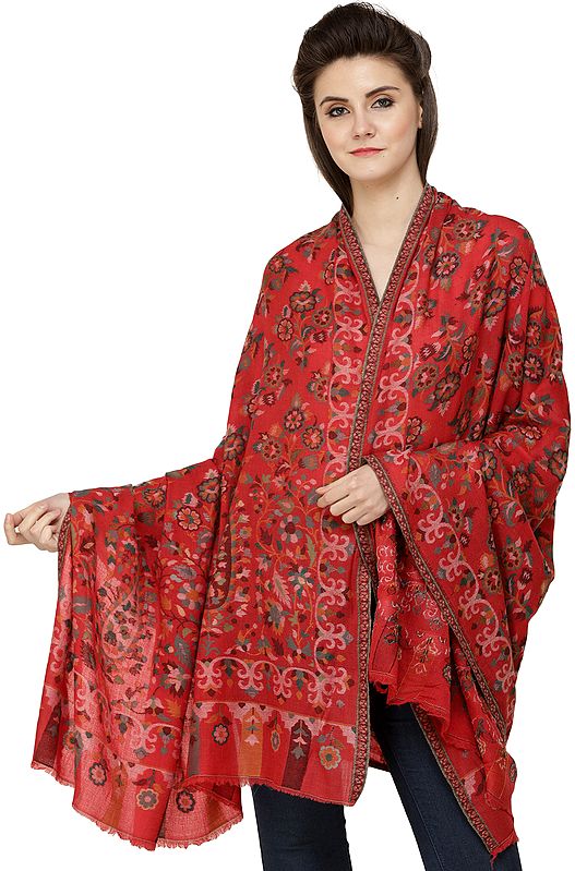 Formula-One Red Kani Jamawar Shawl from Amritsarwith Woven Flowers and Paisleys