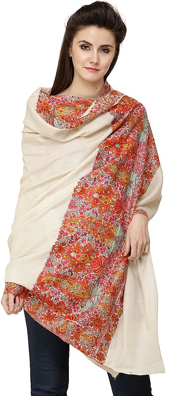 Oyster-White Pure Pashmina Handloom Shawl from Kashmir with Multicolored Kalamkari Hand-Embroidery on Border