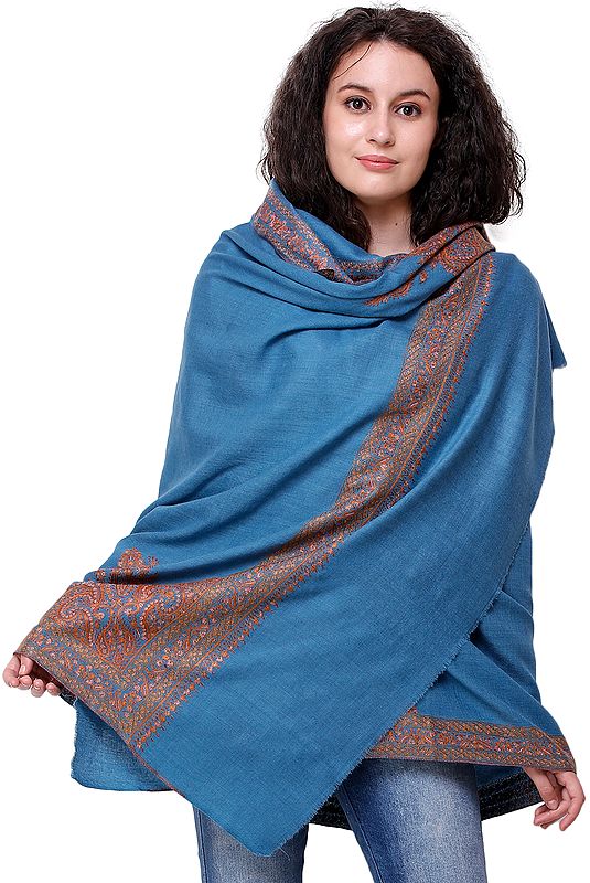 Tusha Shawl from Kashmir with Sozni Hand-Embroidery on Border