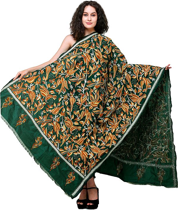 Bayberry Dupatta from Kolkata with Kantha Hand Embroidered Birds All-over