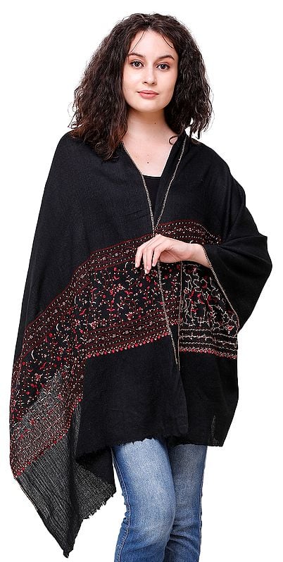 Caviar-Black Stole from Kashmir with Sozni Embroidered Vines