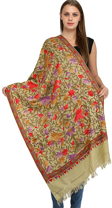 Dried-Moss Kashmiri Stole with Aari Hand-Embroidered Flowers in Multicolored Thread