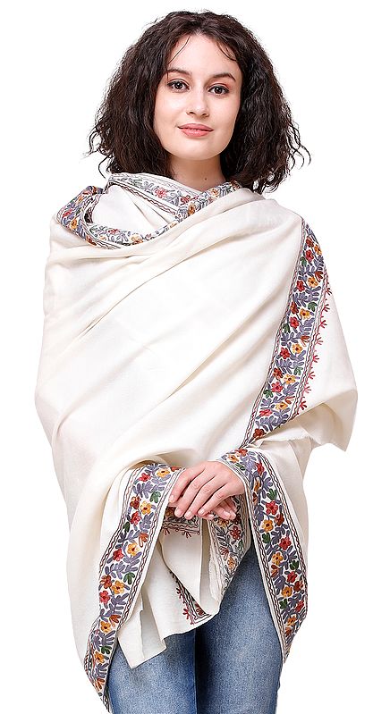 Pearled-Ivory Shawl from Amritsar with Aari-Embroidered Flowers in Multicolor Thread