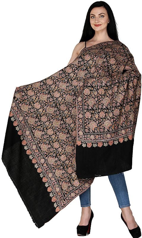 Midnight-Black Pure Pashmina Handloom Shawl from Kashmir with Sozni Embroidered Flowers All-over in Multicolor Thread