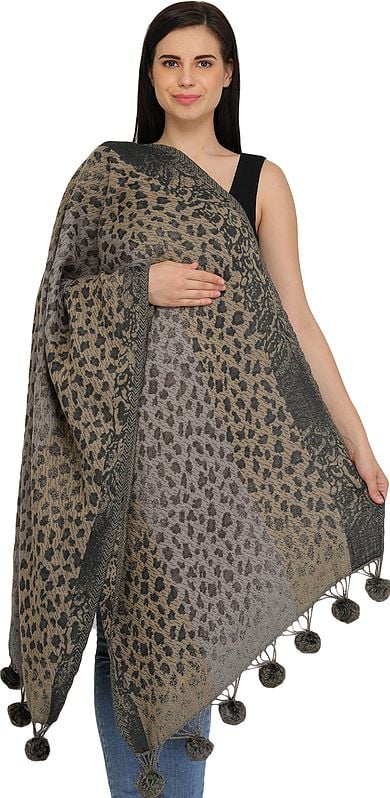 Wild-Dove Reversible Stole with Leopard Weave and Pom-pom Tassels